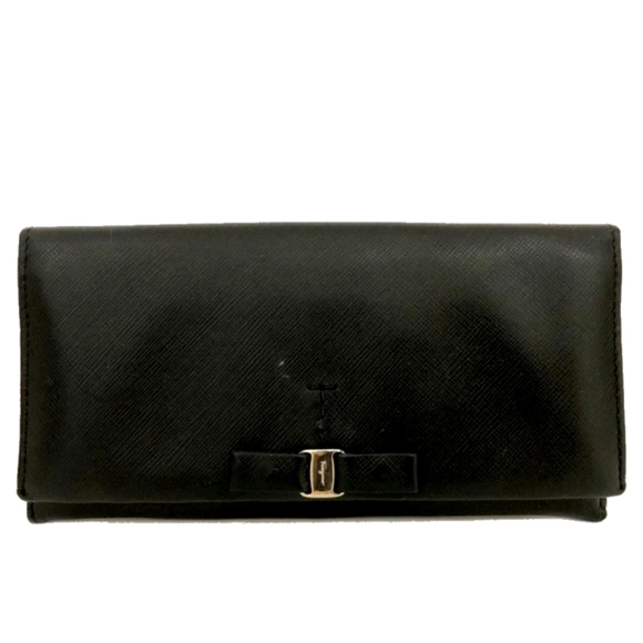 Salvatore Ferragamo Black & Silver Vara Ribbon Leather Long Wallet (VERY GOOD)🖤 - Picture 1 of 8